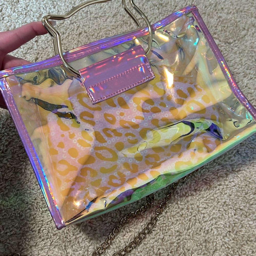 Cat-Themed Holographic Purse with Sequined Leopard Print Pouch